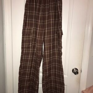 Brown Wide Leg Plaid Pants